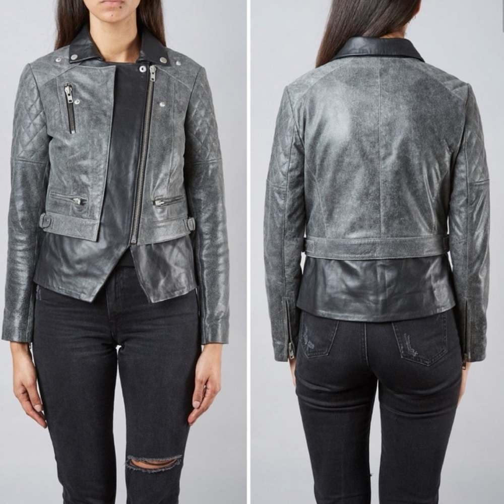 Muubaa Gray Leather Jacket with Quilted Shoulders and Asymmetrical Zipper
